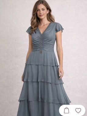 Tiered V-Neck Flutter Sleeve evening Dress in Slate/Grey  Blue